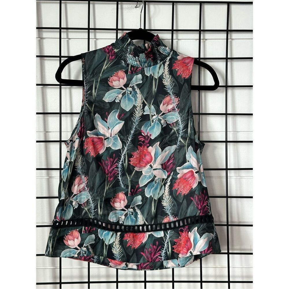 MinkPink Smocked‎ Sleeveless Turtleneck Womens S Tropical Floral Romantic